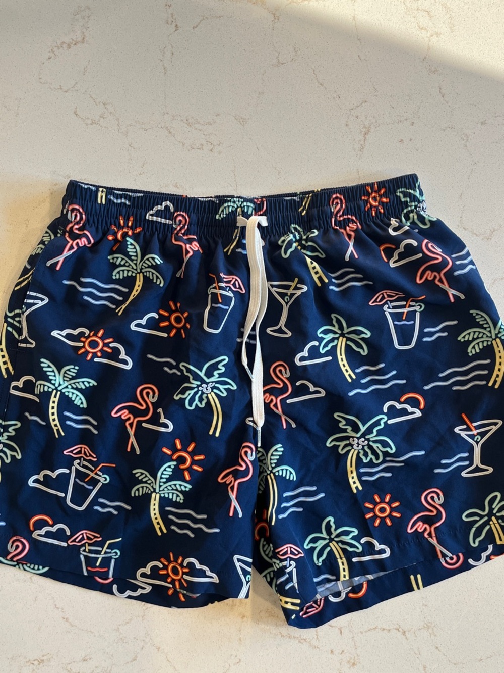 chubbies Navy Neon Tropical Icon Swim Trunks